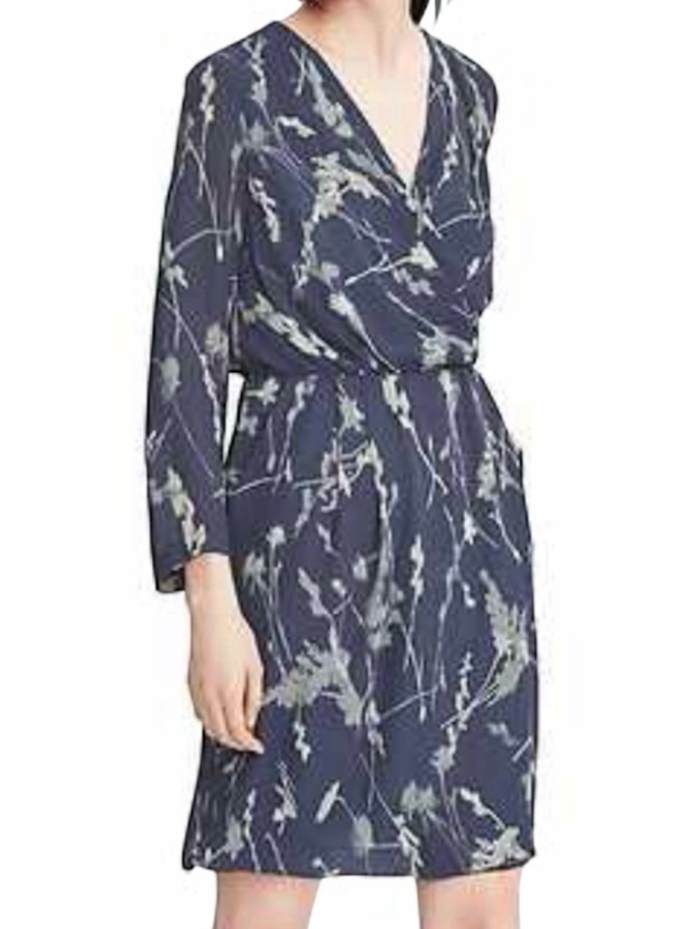NWT Banana Republic Floral Faux Wrap Dress Navy Blue Gray Long Sleeve 2P Petite